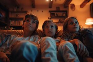 A family is sitting on a couch and watching a movie photo