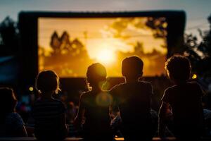 people are sitting in lawn chairs in front of a large screen photo