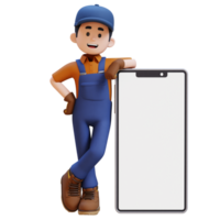 3D Construction Worker Character Lying on Large Empty Phone Screen png