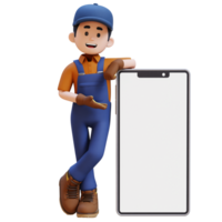 3D Construction Worker Character Presenting and Lying on Big Empty Phone Screen png