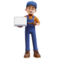 3D Construction Worker Character Presenting on Empty Computer Screen png