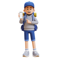 3D Traveller Character Pointing to Empty Phone Screen png