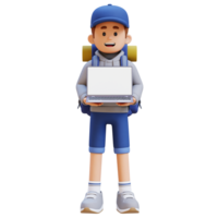 3D Traveller Character Holding Laptop with Empty Screen png