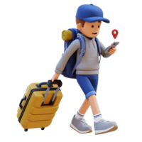 3D Traveller Character Checking Map on Phone while Walking and Pull Suitcase png