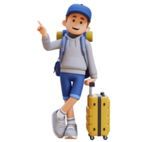 3D Traveller Character Lying on Suitcase while pointing up png