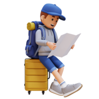 3D Traveller Character Sitting on a Suitcase and Checking the Map png