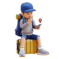 3D Traveller Character Sitting on a Suitcase and checking the GPS Location on smart phone png