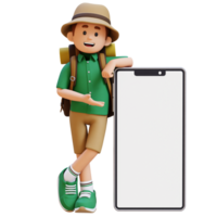 3D Traveller Character Presenting and Lying on Big Empty Phone Screen png