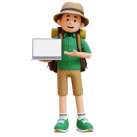 3D Traveller Character Presenting on Empty Computer Screen png