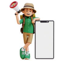 3D Traveller Character Holding Megaphone and Lying on Big Empty Phone Screen png