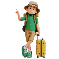 3D Traveller Character Lying on Suitcase while pointing up png