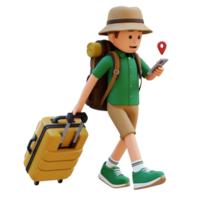 3D Traveller Character Checking Map on Phone while Walking and Pull Suitcase png