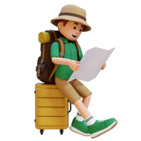 3d viajero personaje sentado en un maleta y comprobación el mapa png