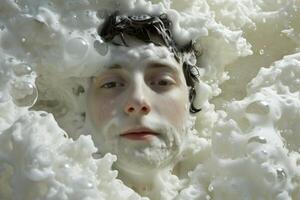 Unusual portrait of a man covered in foam photo