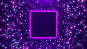 Abstract neon glowing frame and movement of digital glowing particles, stage for product presentation, neon lights rectangle, seamless loop video