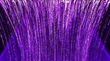 Abstract colorful background with bright neon rays and glowing lines. Curved Purple neon lines or light stripes going downwards. Seamless looping animation video
