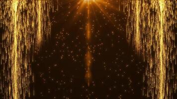 Falling bright golden particles, animation of dust and shiny dots and stars, beautiful bokeh, rain of orange particles, glitter. animation for holidays, Christmas and awards. Seamless loop video