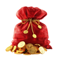 Golden coins in a red bag with a gold coin on top On Transparent Background. Genereted AI png