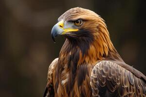 Close-up of a golden eagle's head, showcasing its sharp beak and intense gaze photo