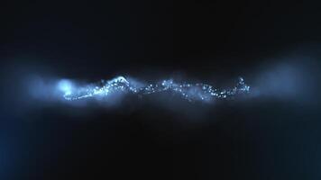 Abstract blue particles with wave energy under a microscope with a blurred background. A stream of magical particles of shiny dust. seamless loop video