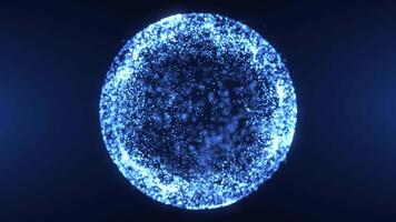 Abstract round sphere of shiny blue magic glow particles on a dark background, energy ball of bright dots, spherical circle movement. Seamless 4K looping. video