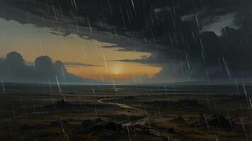 A lone figure stands on a desolate road amidst a stormy desert landscape, illuminated by lightning video