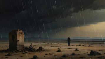 A lone figure stands on a desolate road amidst a stormy desert landscape, illuminated by lightning video