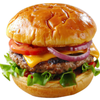 Hamburger with soft bun and vegetables png