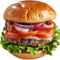 Hamburger with soft bun and vegetables png