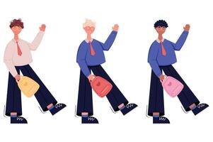 Three boys in school uniforms with backpacks and glasses, flat character vector
