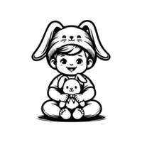 sketch design of a cute baby smiling while playing with a doll. Cute baby playing with a doll vector