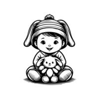sketch design of a cute baby smiling while playing with a doll. Cute baby playing with a doll vector