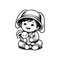 sketch design of a cute baby smiling while playing with a doll. Cute baby playing with a doll vector