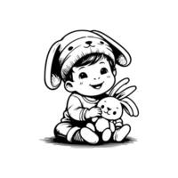 sketch design of a cute baby smiling while playing with a doll. Cute baby playing with a doll vector