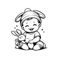 sketch design of a cute baby smiling while playing with a doll. Cute baby playing with a doll vector