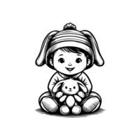 sketch design of a cute baby smiling while playing with a doll. Cute baby playing with a doll vector