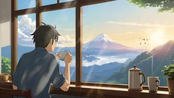 A man enjoys a hot beverage while gazing at Mount Fuji through a window at sunrise video