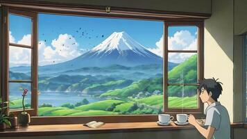 A man enjoys a hot beverage while gazing at Mount Fuji through a window at sunrise video