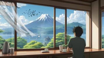 A man enjoys a hot beverage while gazing at Mount Fuji through a window at sunrise video