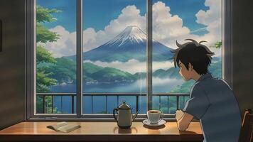 A man enjoys a hot beverage while gazing at Mount Fuji through a window at sunrise video
