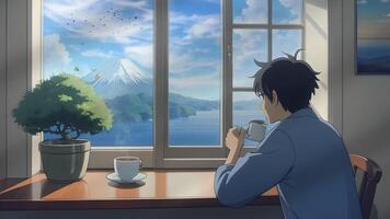 A man enjoys a hot beverage while gazing at Mount Fuji through a window at sunrise video
