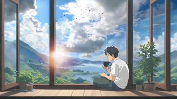 A man enjoys a hot beverage while gazing at Mount Fuji through a window at sunrise video