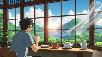 A man enjoys a hot beverage while gazing at Mount Fuji through a window at sunrise video