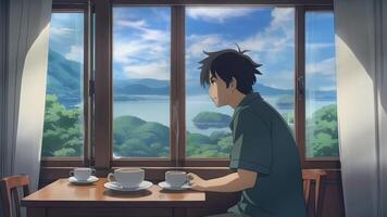 A man enjoys a hot beverage while gazing at Mount Fuji through a window at sunrise video