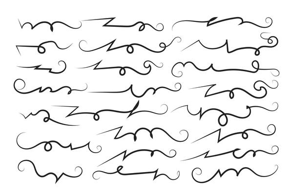 Curly swirl decorative swishes, Hand drawn calligraphy lettering ornate strokes, flourish swirling squiggle Highlight Swoosh typography text elements. Pen Filigree flourishes vintage scrolls
