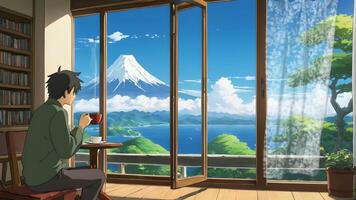 A man enjoys a hot beverage while gazing at Mount Fuji through a window at sunrise video
