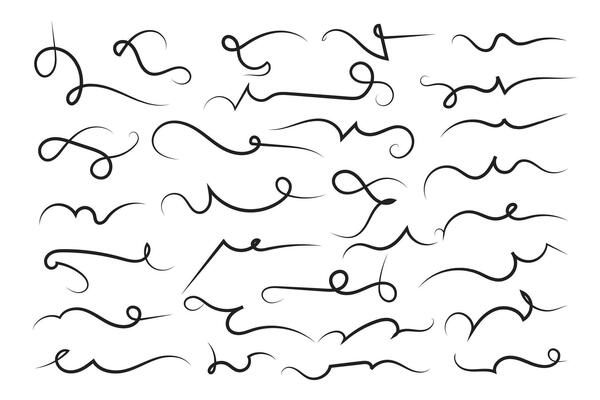 Curly swirl decorative swishes, Hand drawn calligraphy lettering ornate strokes, flourish swirling squiggle Highlight Swoosh typography text elements. Pen Filigree flourishes vintage scrolls