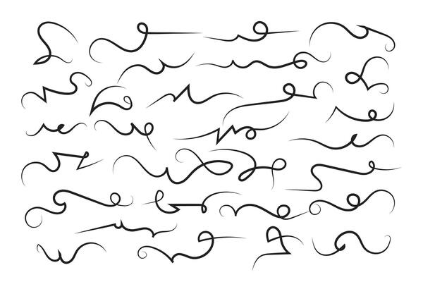Curly swirl decorative swishes, Hand drawn calligraphy lettering ornate strokes, flourish swirling squiggle Highlight Swoosh typography text elements. Pen Filigree flourishes vintage scrolls