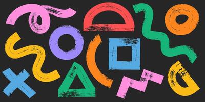 Collection of colorful charcoal graffiti various geometric shapes. Bold marker brush drawn curved doodle elements for templates and collages. Punk and grunge style vector