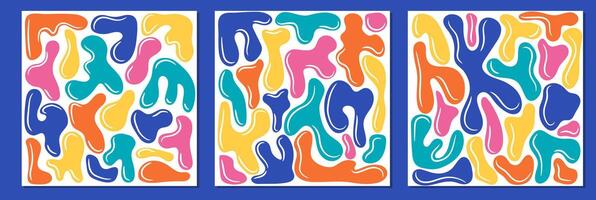 Set of square templates with colorful liquid abstract organic blob shapes. Wavy bubbles and drops in trendy y2k style. vector